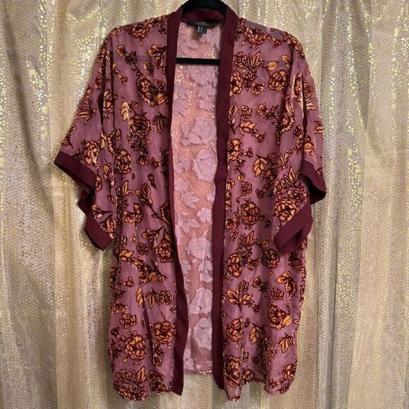 Forever 21 Maroon Golden Floral Velvet Burnout Open Front Kimono Small - Picture 1 of 8